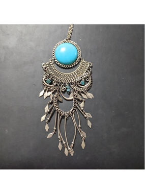 Silver Tone Turquoise Colored Long Statement Pendant Necklace